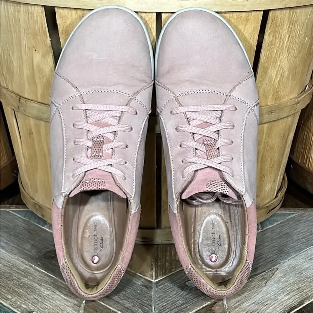 Clarks Unstructured Un Adorn Lace Dusty Pink Nubuck Leather Sneakers Womens 9.5